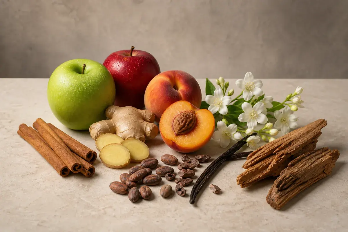 Manzana, canela, jengibre, melocotón, cacao y maderas de perfumes equivalentes a Hugo Boss