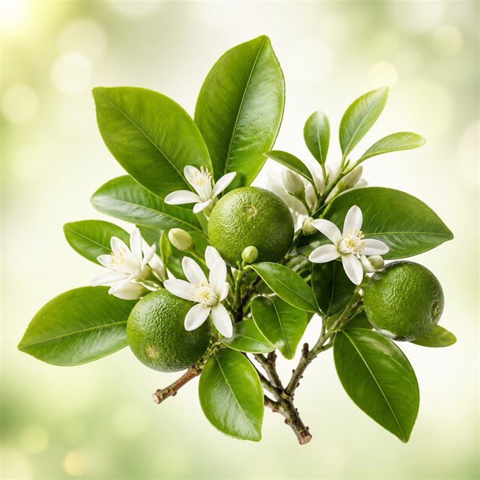 Hojas, flores y frutos verdes de naranjo amargo petitgrain