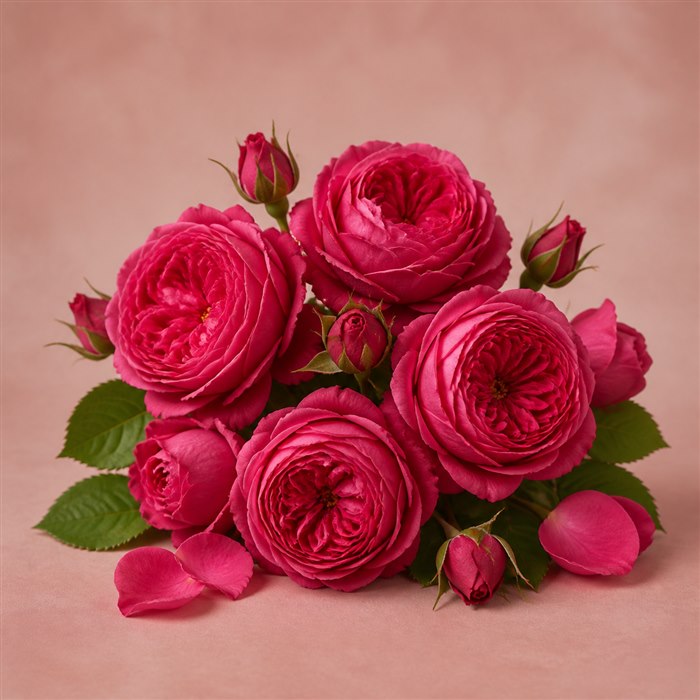 Rosas de Bulgaria intensas con capullos y pétalos