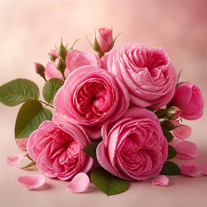 Rosas de Damasco rosas con capullos y pétalos