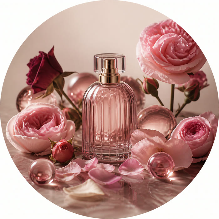Selección de perfumes con rosa