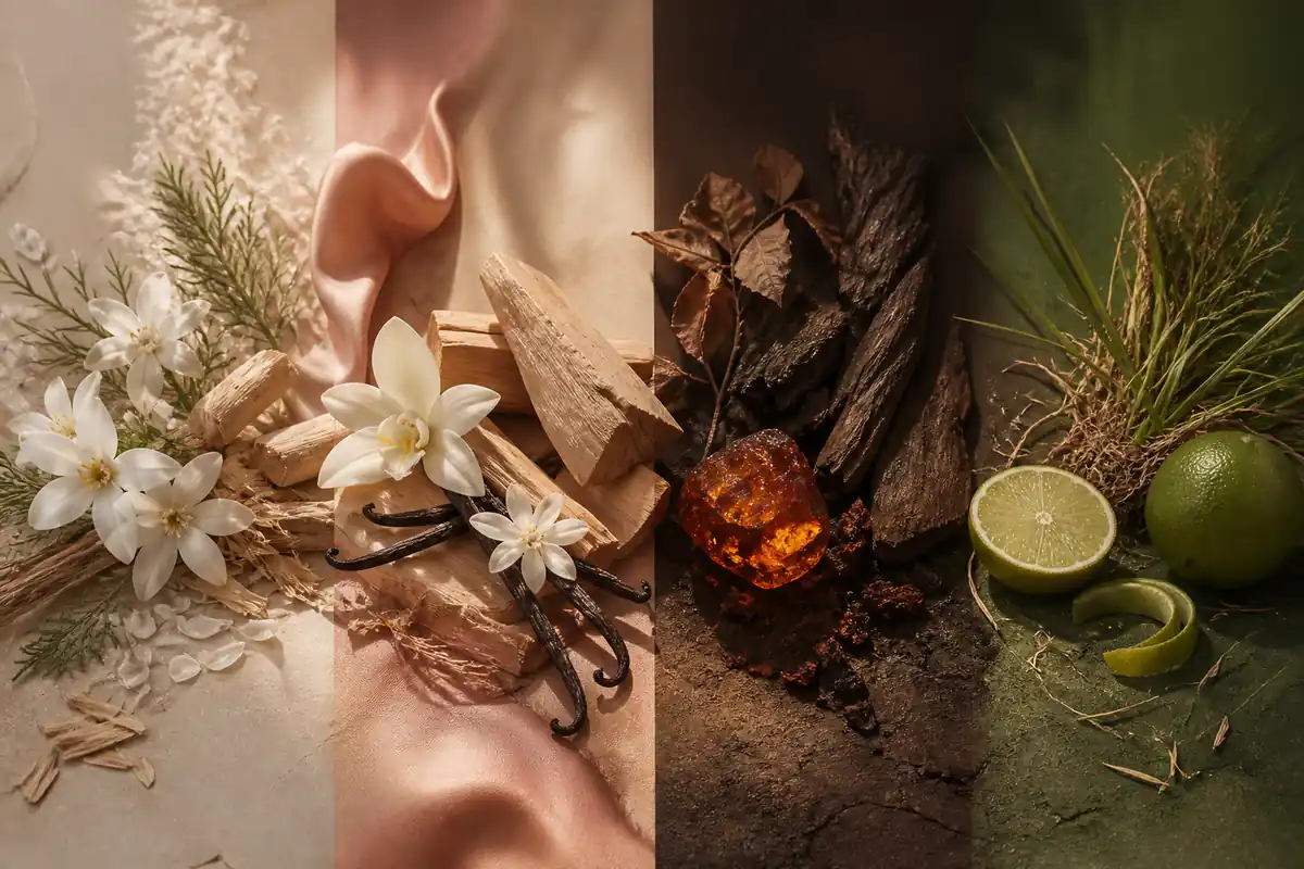 Comparación de perfumes amaderados de mujer limpios, cremosos, oscuros y verdes