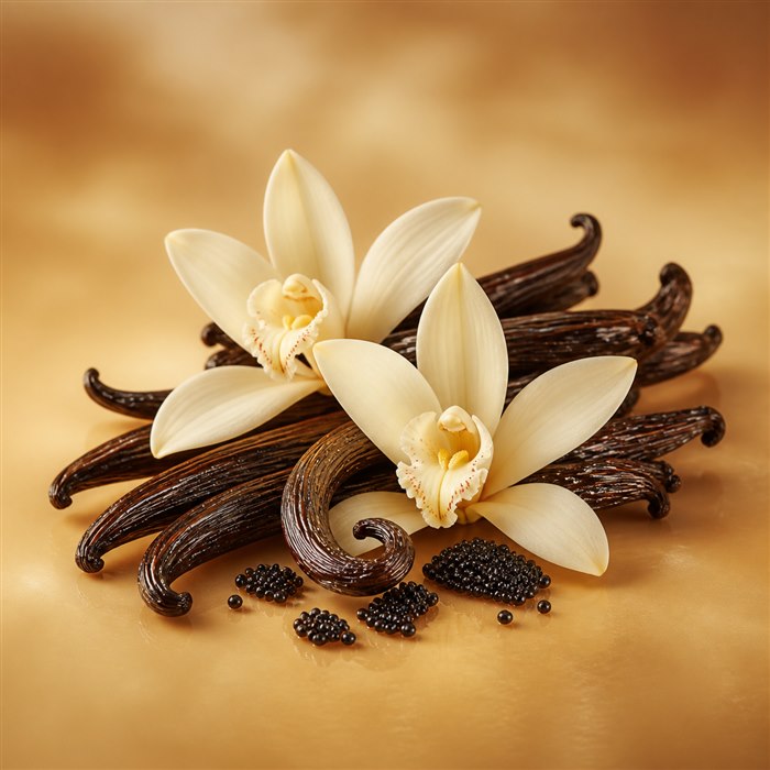 Vainas oscuras y flores de vainilla Bourbon