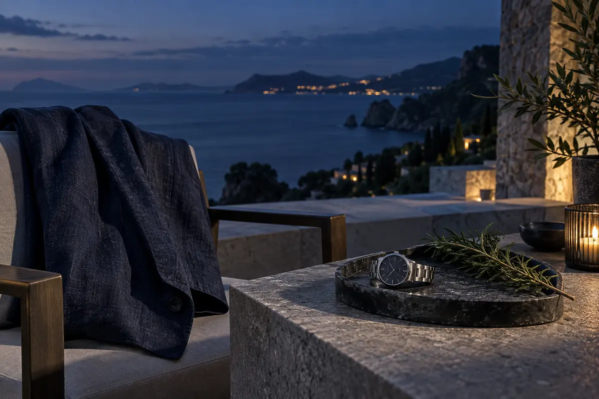 Terraza costera al anochecer para el perfume equivalente a Acqua di Gio Profumo