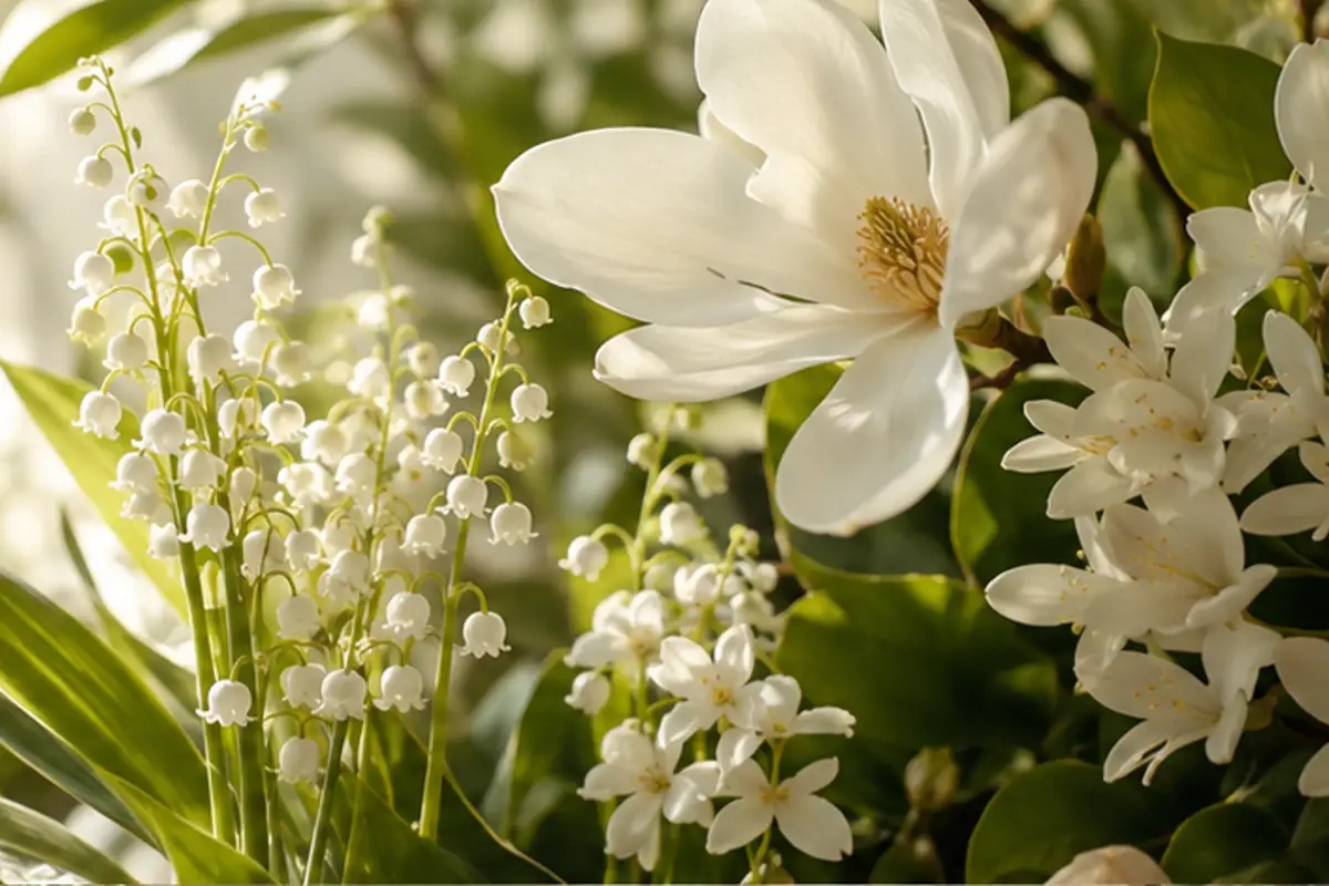 Composición de flores blancas que ilustra el perfil floral de la guía 670