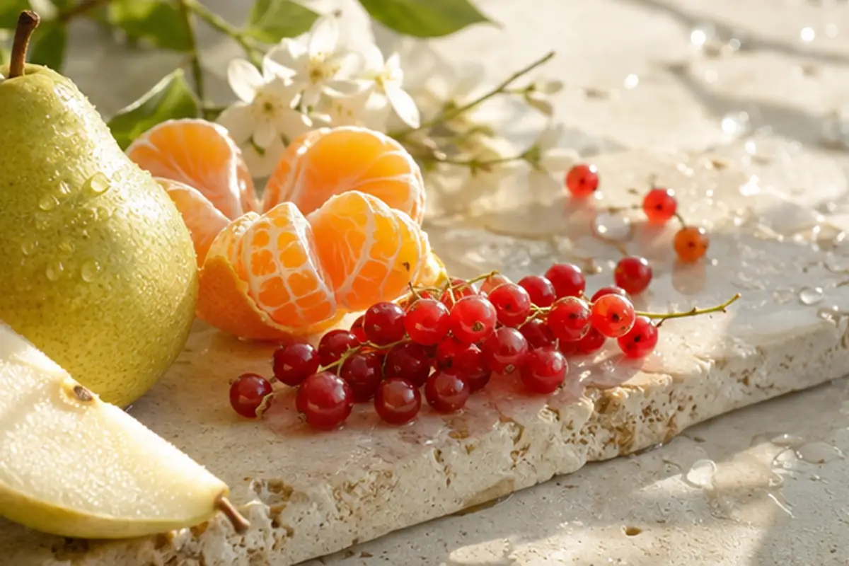 Pera, mandarina y grosella roja en una composición de inspiración afrutada