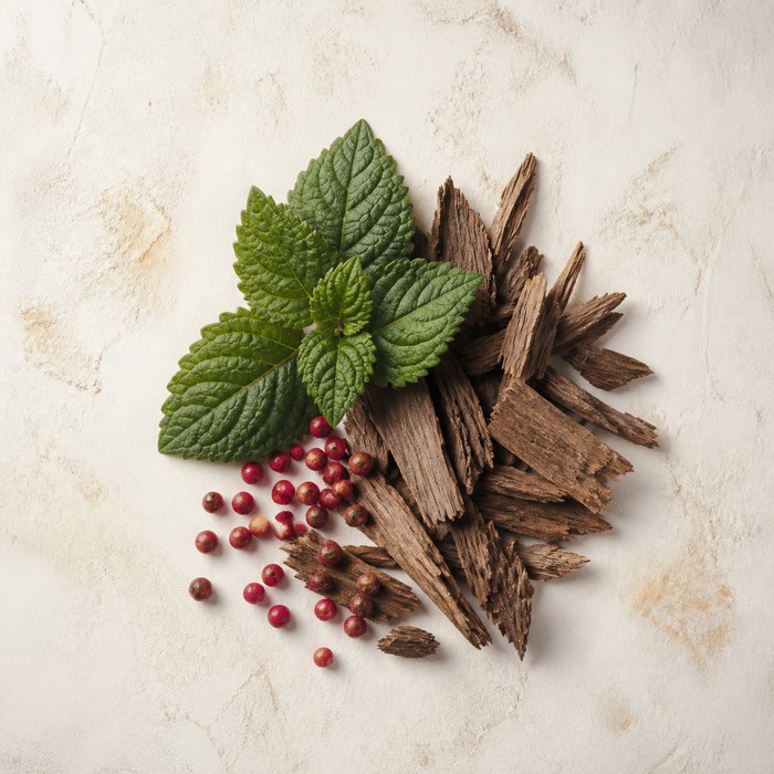 Maderas, hojas de pachulí y pimienta rosa que evocan Akigalawood