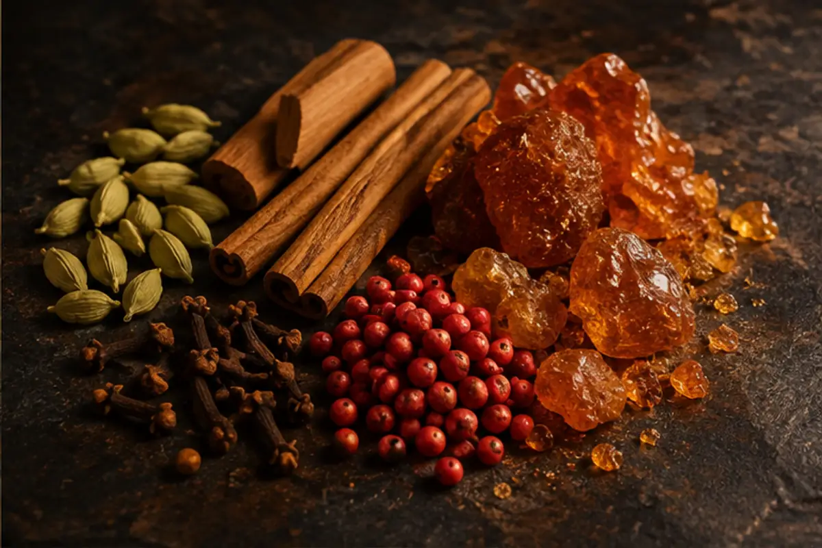 Cardamomo, canela, clavo y pimienta en perfumes ámbar