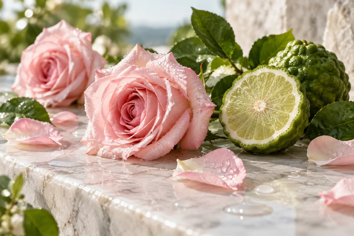 Bergamota y pétalos de rosa del perfume equivalente a Roses Musk