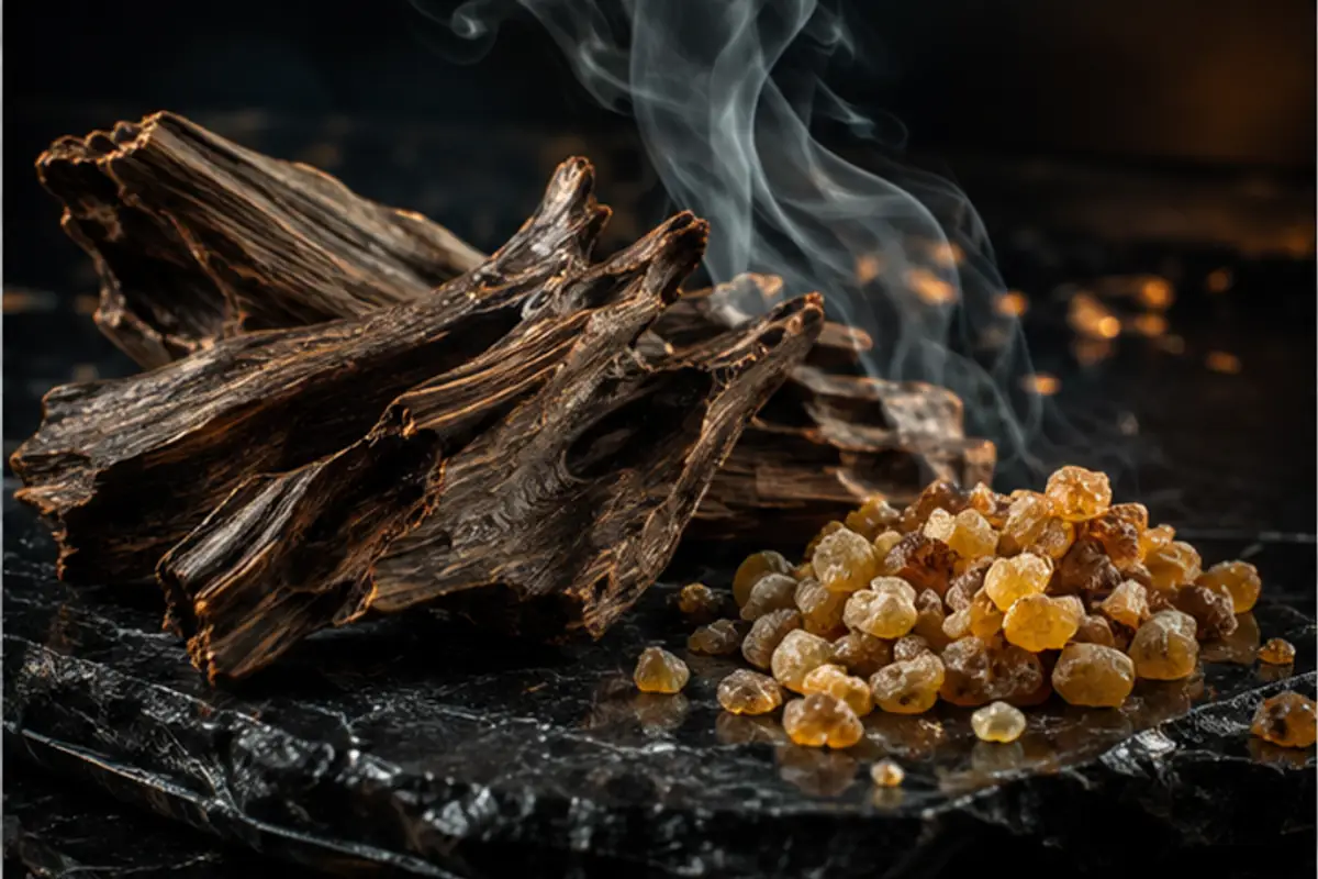 Madera de oud e incienso en un fondo oscuro