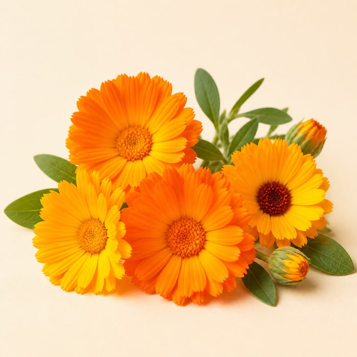 Flores frescas de caléndula en tonos naranja y dorado
