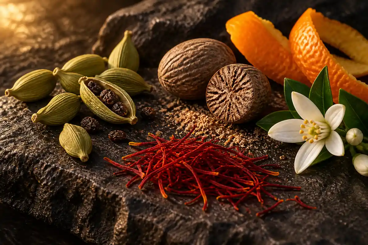 Cardamomo nuez moscada y azafrán del perfume equivalente Noir Extreme