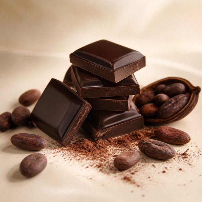 Chocolate negro, cacao en polvo y granos de cacao