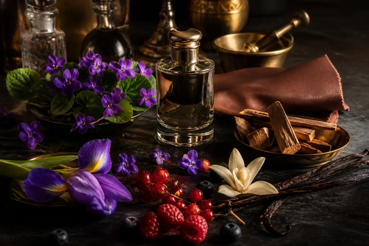 Combinaciones de violeta con frutos rojos, vainilla, maderas y cuero