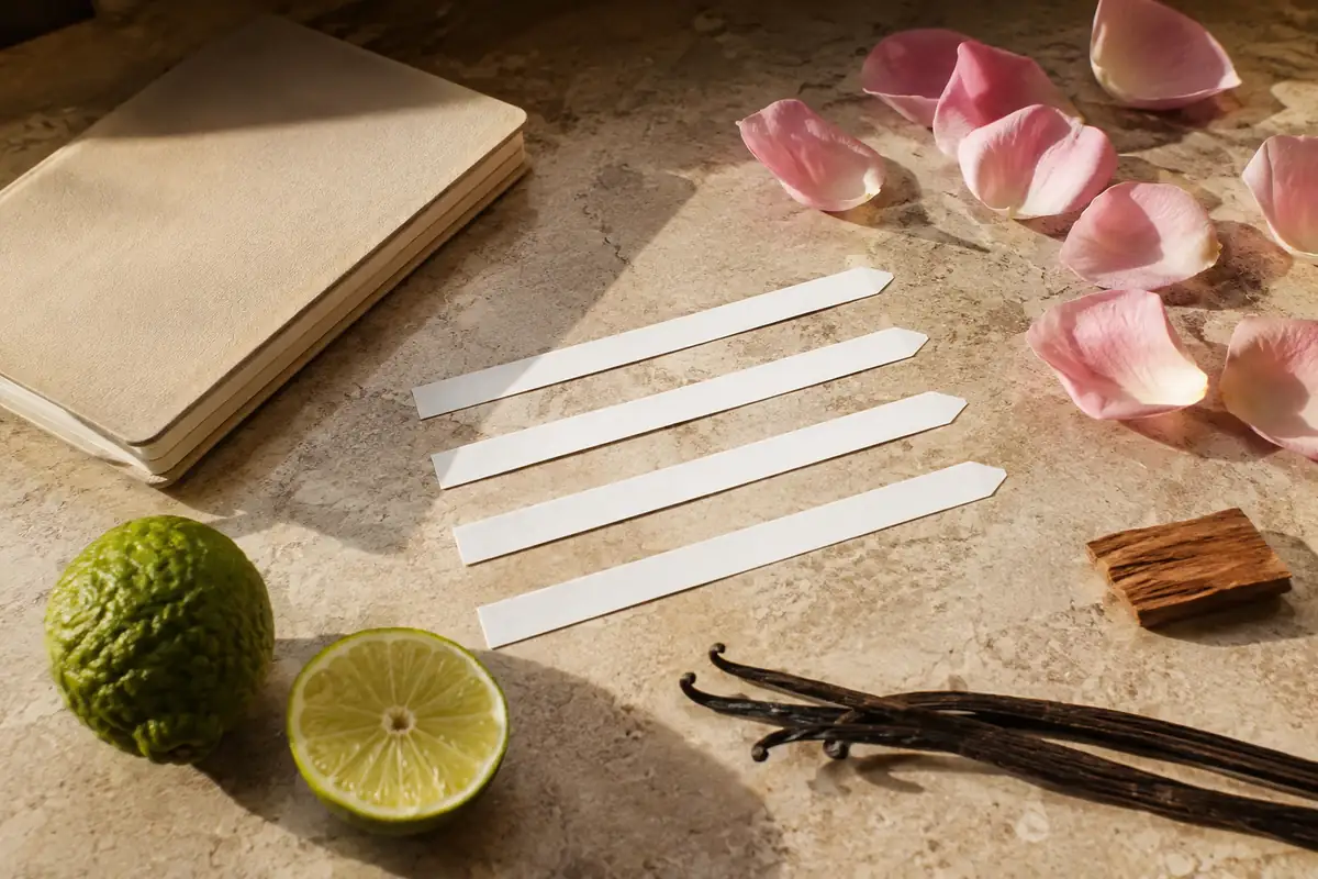 Tiras olfativas para comparar perfumes de equivalencia femeninos antes de elegir