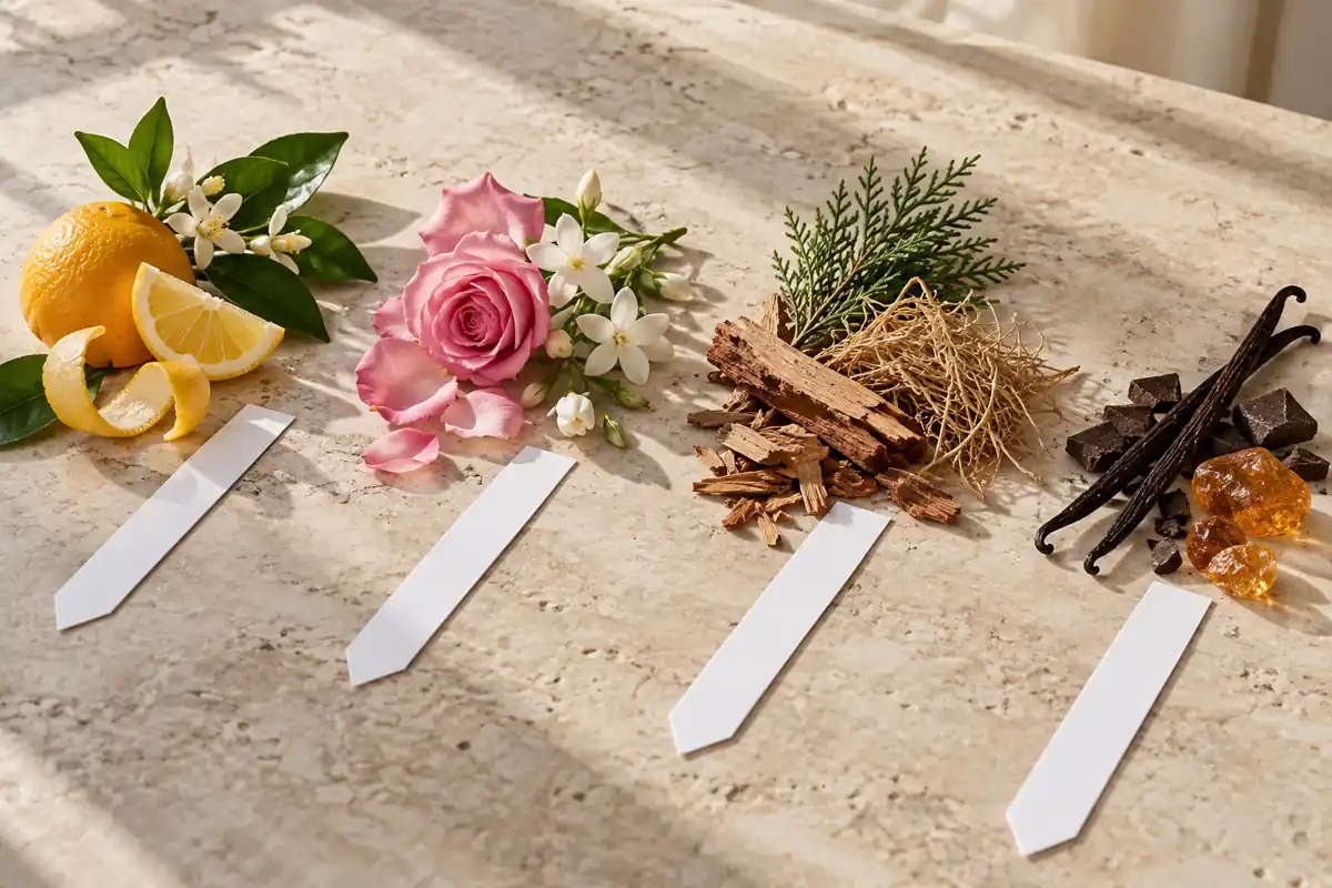 Cómo elegir una familia olfativa comparando cítricos flores maderas y notas gourmand en tiras