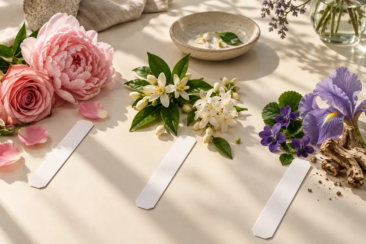 Tiras olfativas junto a rosa, peonía, jazmín, azahar, violeta e iris para comparar perfumes florales