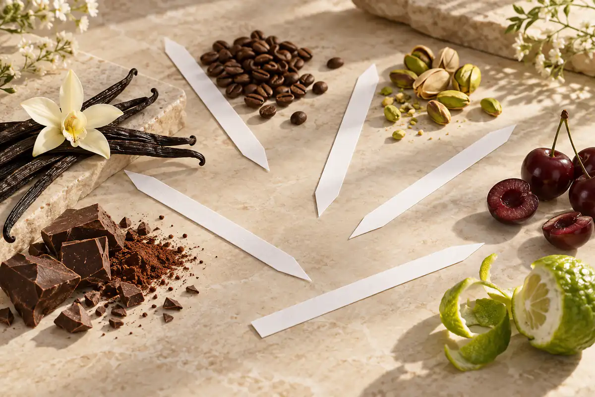 Cómo probar perfumes gourmand en tiras olfativas con notas dulces y cítricas
