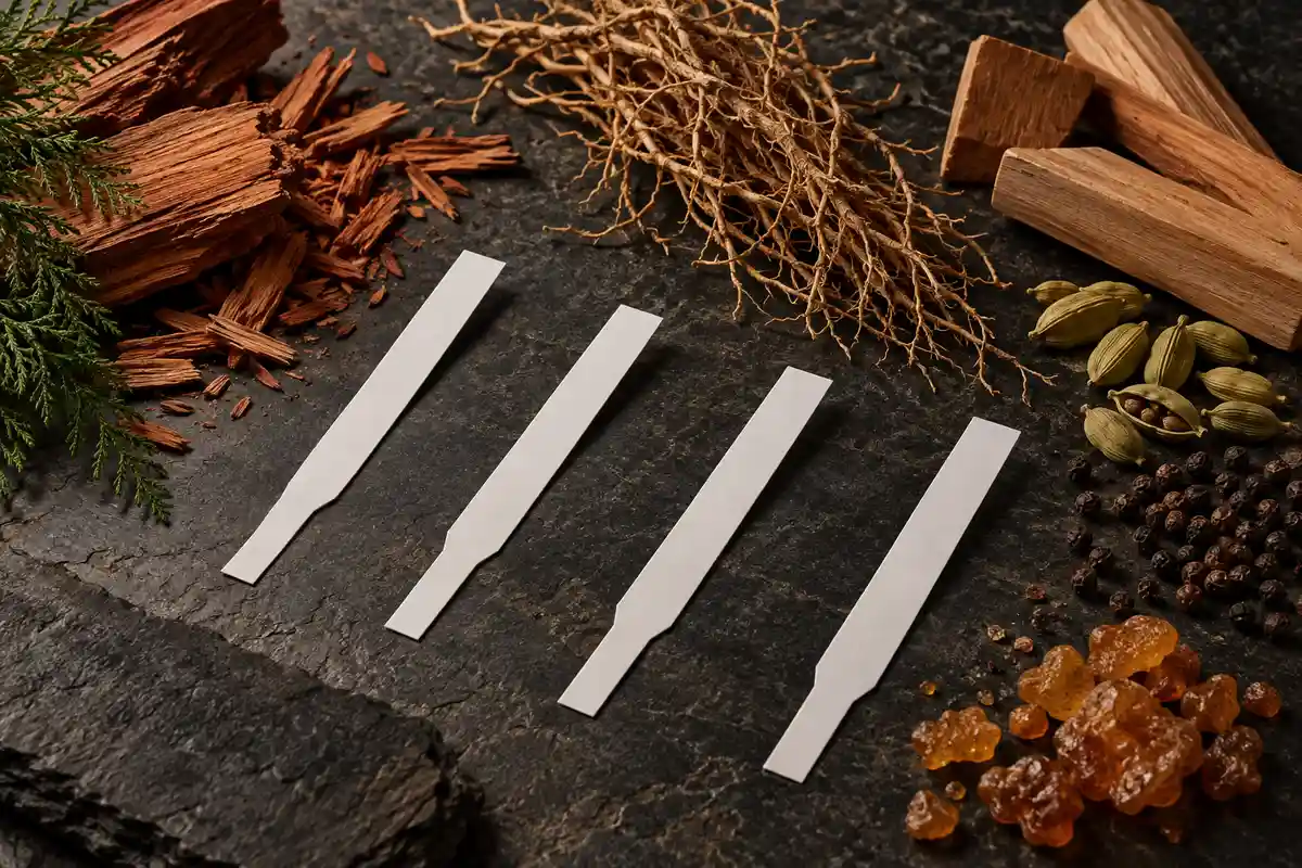 Prueba de perfumes amaderados de hombre en tiras con cedro vetiver sándalo cardamomo y resinas