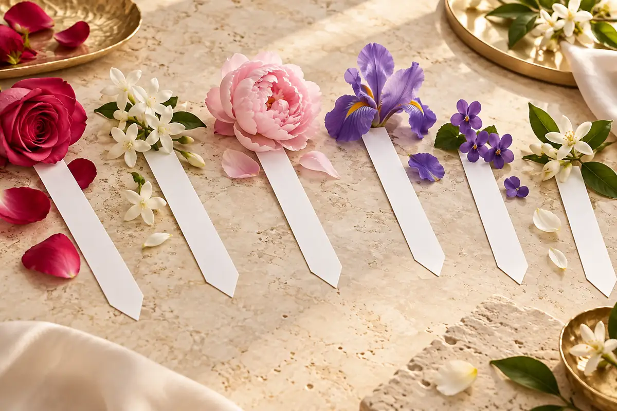 Los mejores perfumes florales de mujer equivalentes (guía 2026) 4 Prueba de perfumes florales de mujer en tiras con rosa jazmín peonía iris y flor de azahar