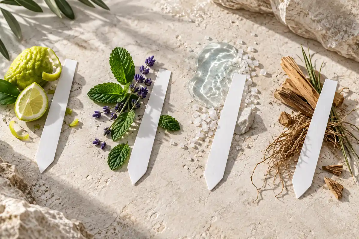 Prueba de perfumes frescos de hombre en tiras con bergamota hierbas agua sal y maderas