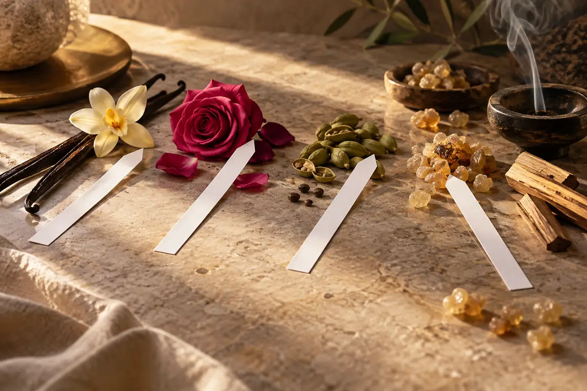 Prueba de perfumes orientales de mujer en tiras con vainilla rosa cardamomo incienso resinas y madera