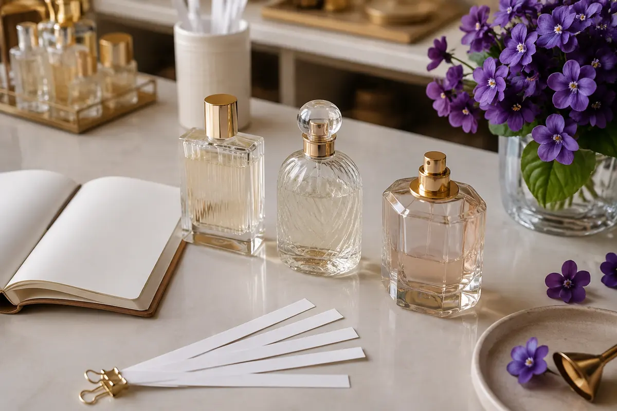 Prueba de perfumes de violeta con tiras olfativas