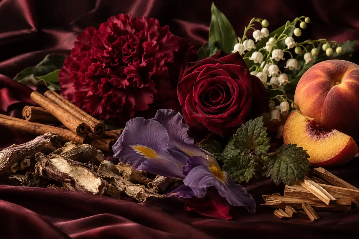 Clavel, canela, rosa, iris y sándalo del perfume equivalente a Opium