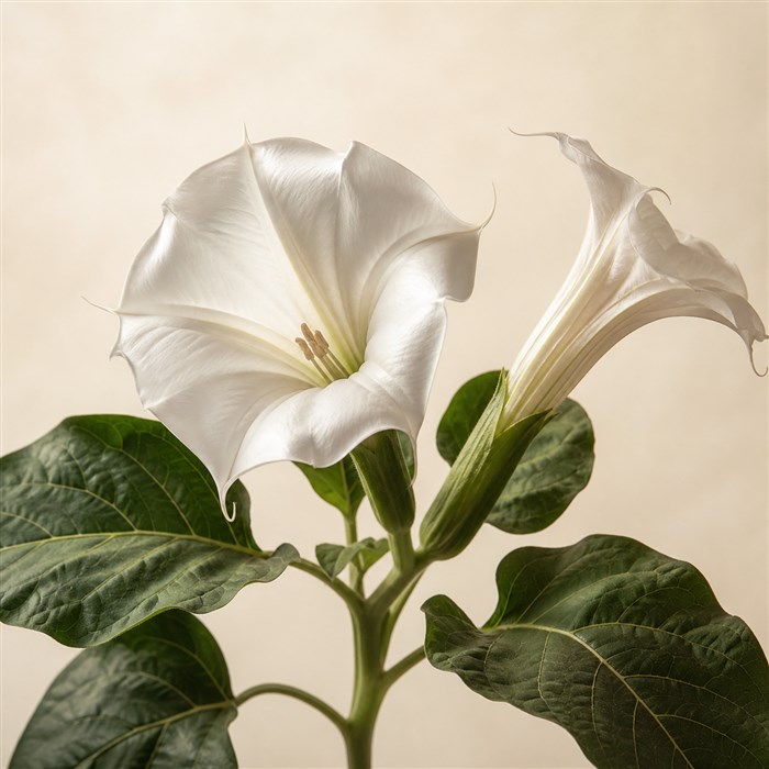 Flores blancas de datura con forma de trompeta