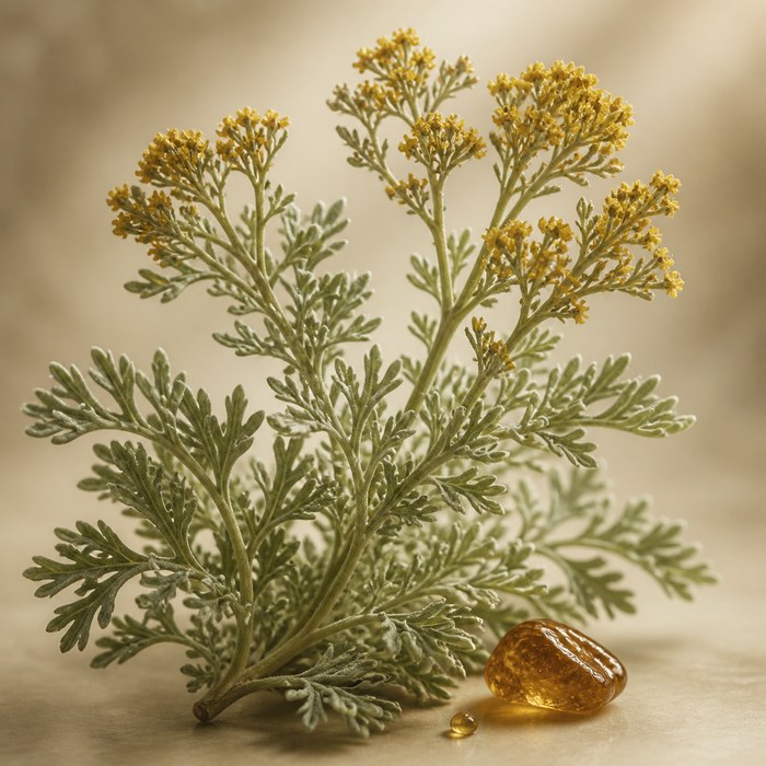 Ramas de davana con follaje verde y pequeñas flores doradas