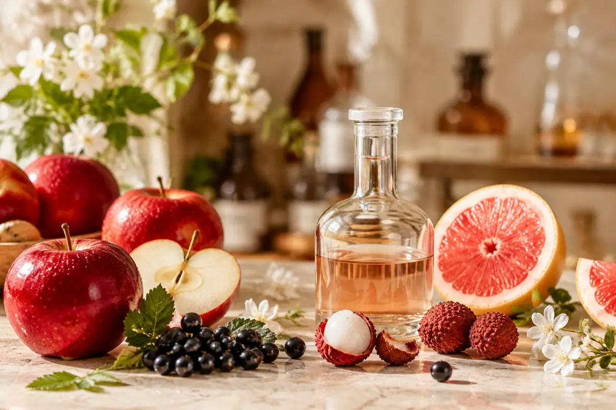 Perfume equivalente a Eden Juicy Apple 01 con manzana roja, lichi, pomelo rosa y frutos negros