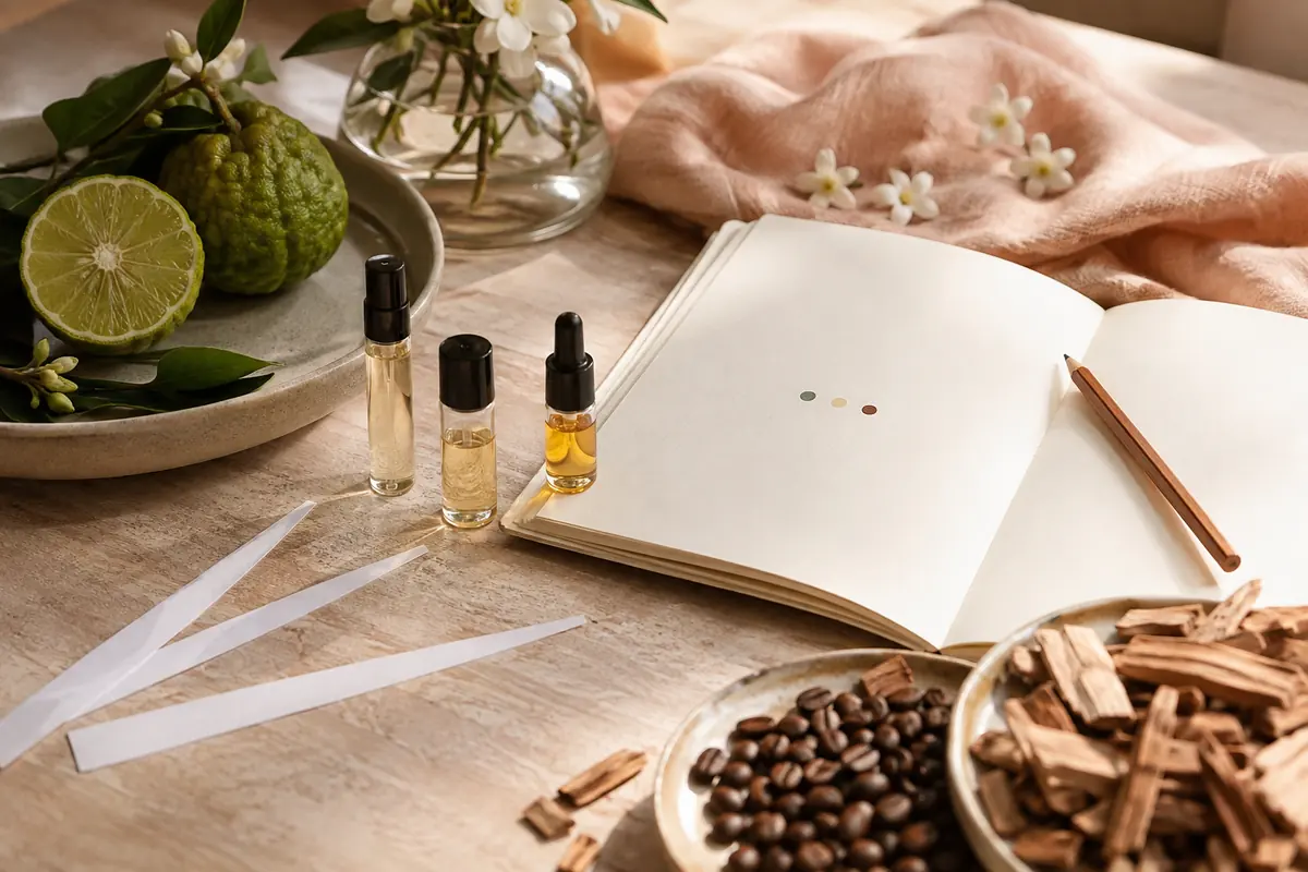 Muestras de perfume tiras olfativas y cuaderno para comparar antes de elegir