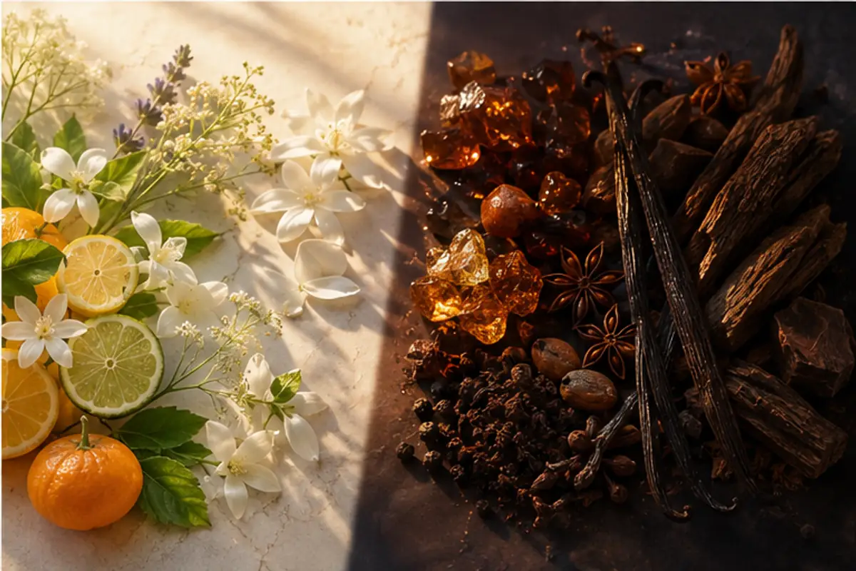 Ingredientes luminosos de día y cálidos de noche en perfumes de equivalencia