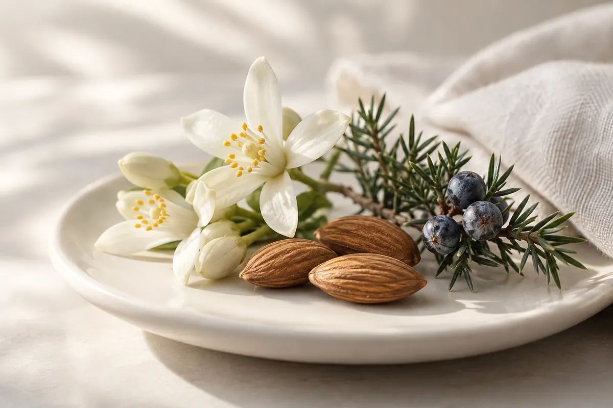 Flores de azahar, almendras y bayas de enebro sobre un plato claro