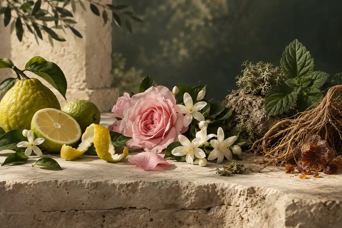 Estructura de un perfume chipre con bergamota flores musgo y pachulí