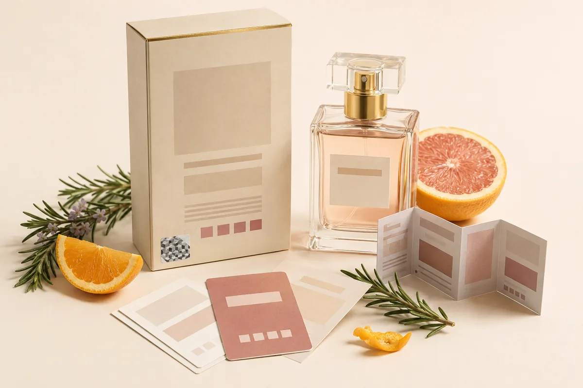 Envase de perfume genérico con elementos visuales de lote ingredientes y etiquetado