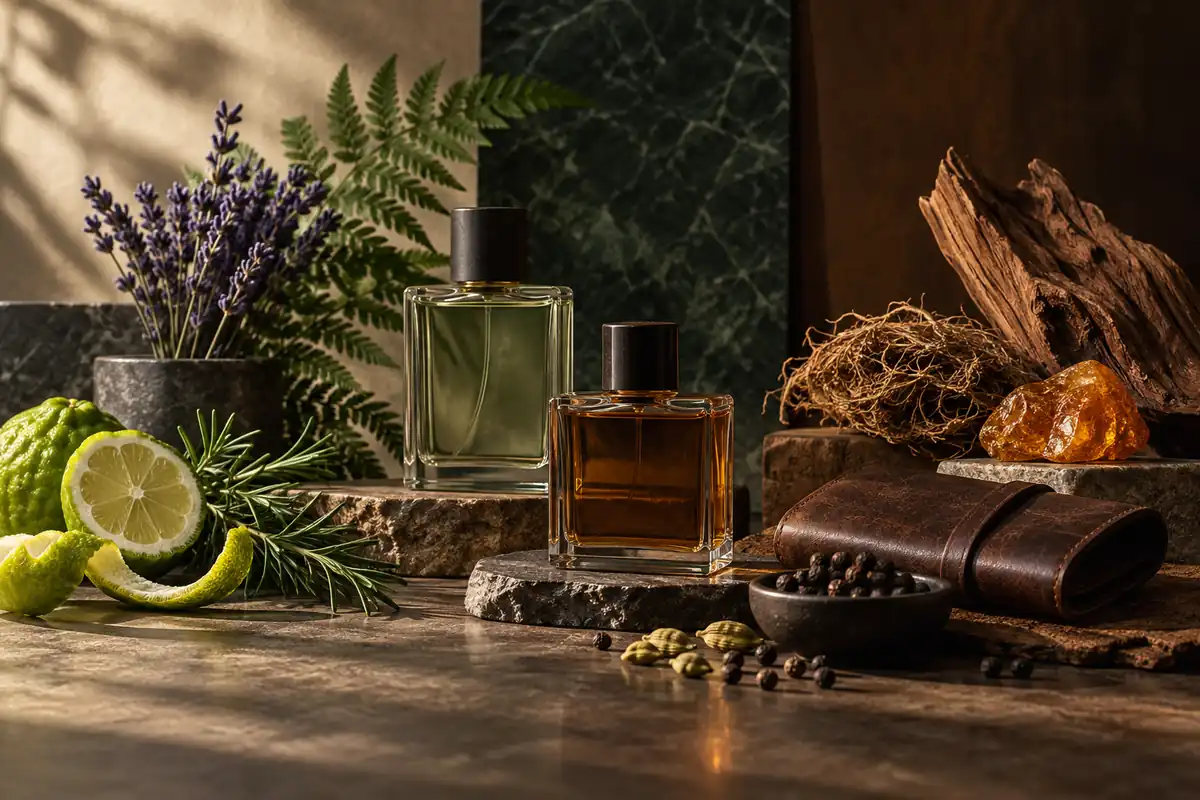 Perfumes antiguos de hombre: clásicos que nunca pasan de moda 3 Familias olfativas de perfumes clásicos de hombre: cítrica, fougère, cuero y amaderada