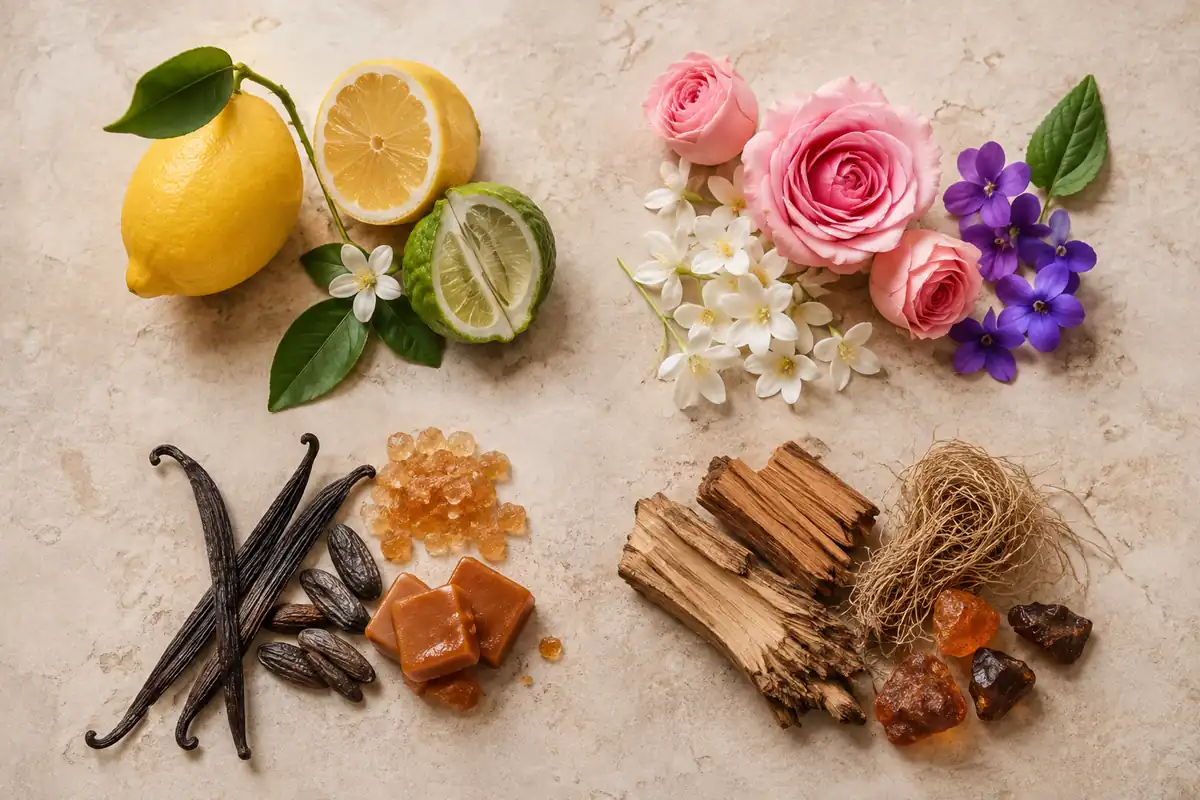 Familias cítrica, floral, gourmand y amaderada para elegir perfumes de equivalencia