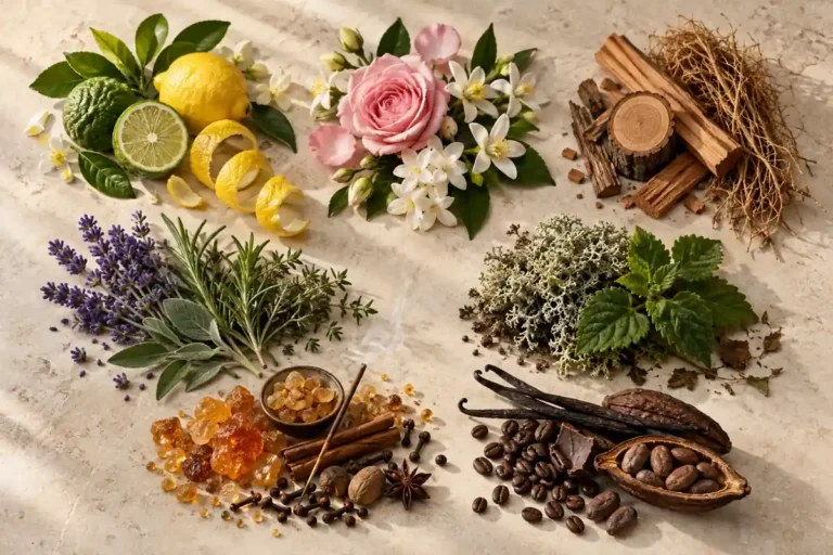 Perfumes por familia olfativa: la guía completa de Rosa Dorada 25 Familias olfativas de perfumes representadas con cítricos flores maderas hierbas resinas y notas gourmand