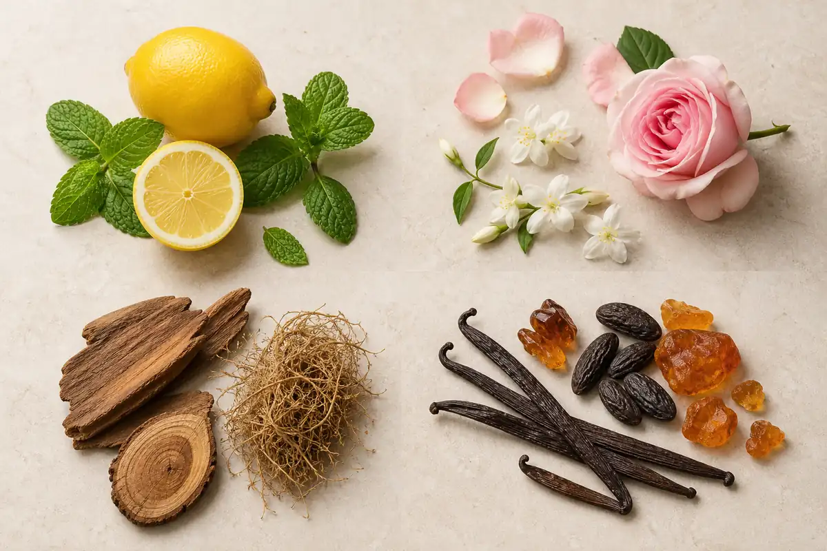 Familias de perfumes similares representadas con cítricos, flores, maderas, vainilla, tonka y ámbar