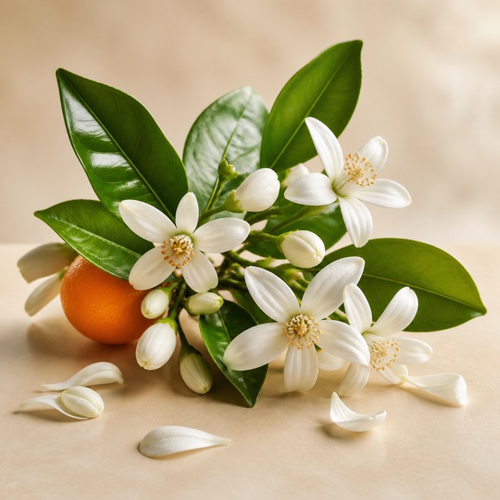 Flores blancas de naranjo africano con hojas verdes