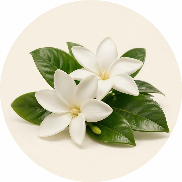Flores blancas de tiaré con hojas verdes para perfumes tropicales