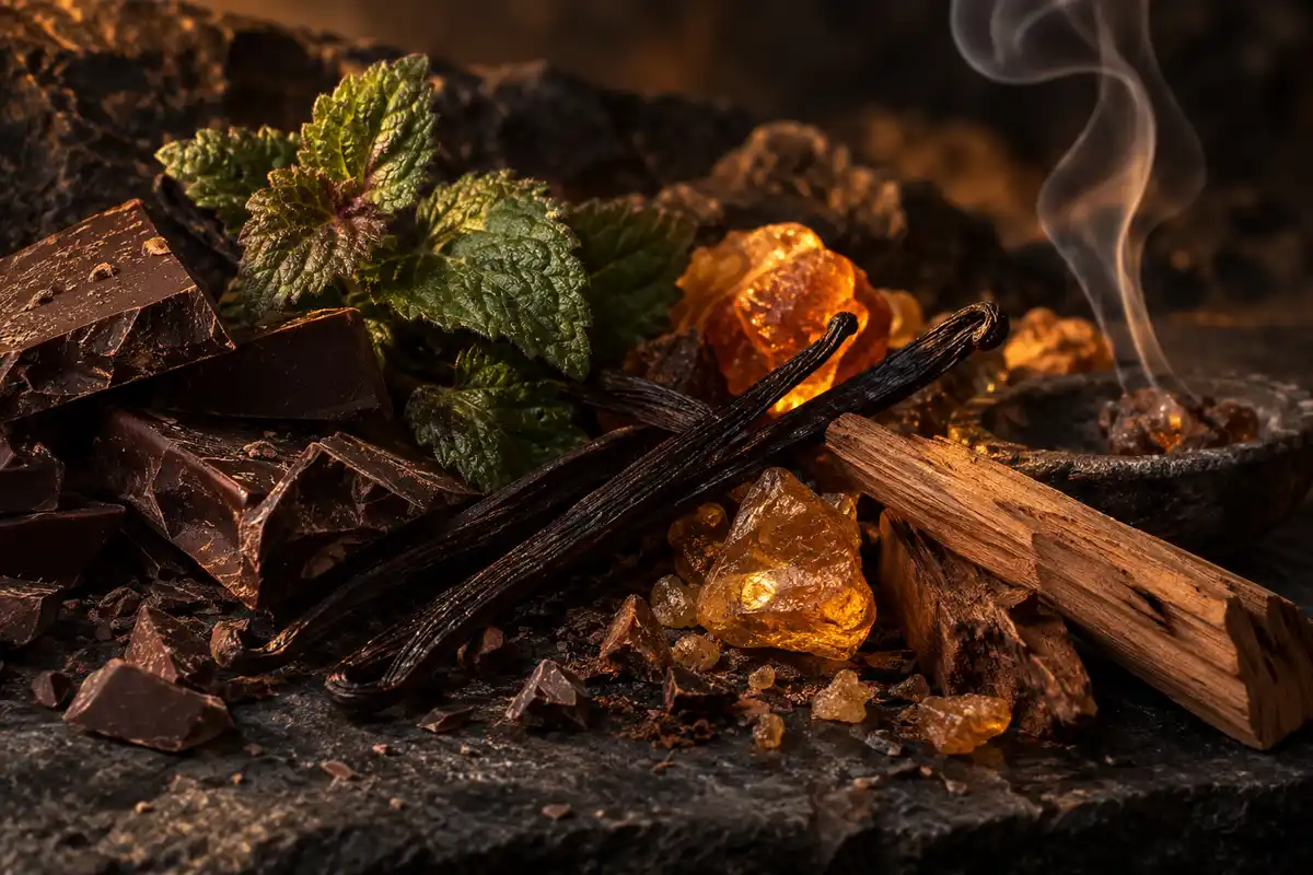 Chocolate, pachulí, vainilla, incienso y maderas del fondo de la referencia 263