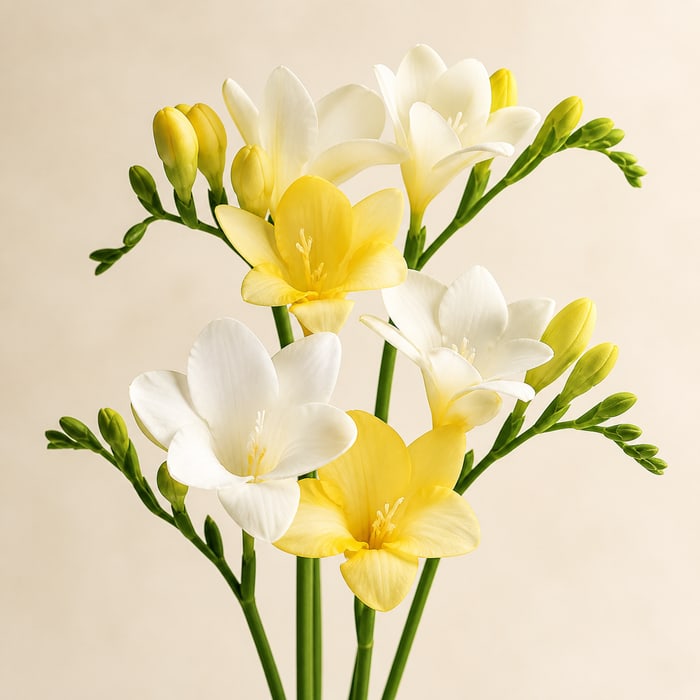 Flores de freesia blancas y amarillas con tallos verdes