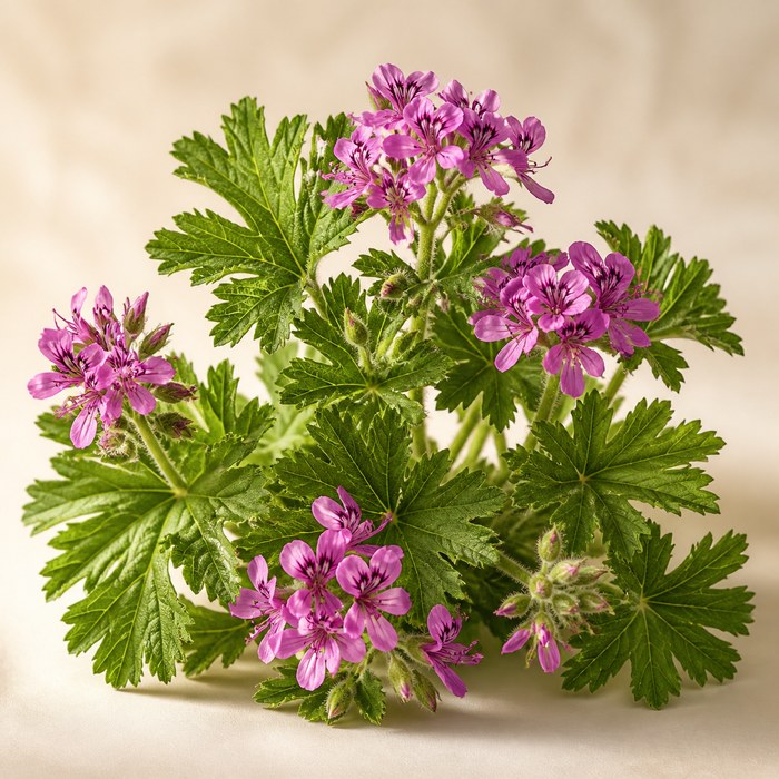 Hojas verdes y flores rosadas de geranio Bourbon