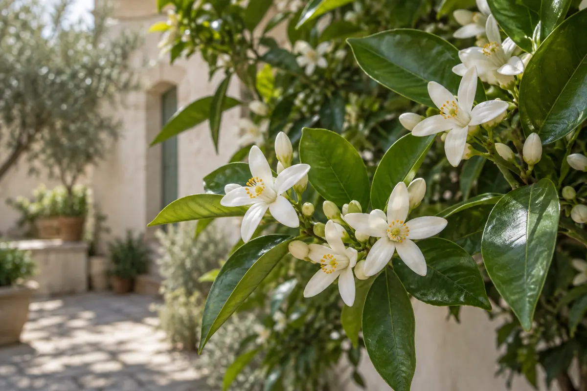 Flores blancas de naranjo entre hojas verdes en un patio luminoso