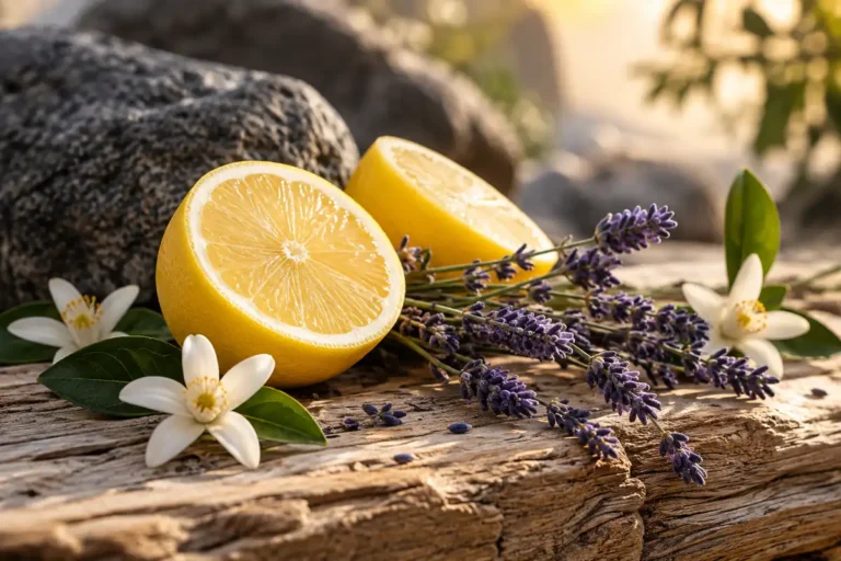 Limón, lavanda y flores de naranjo sobre madera con luz cálida