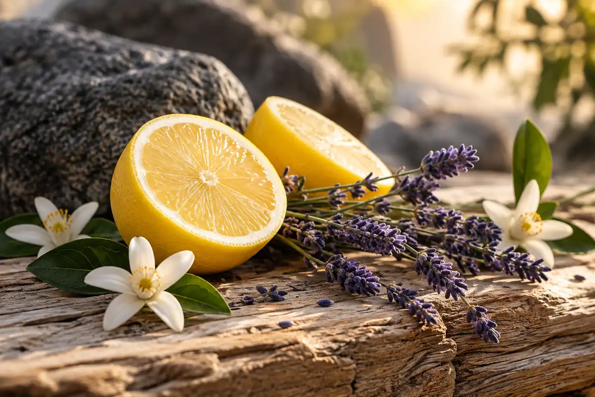 Limón, lavanda y flores de naranjo sobre madera con luz cálida