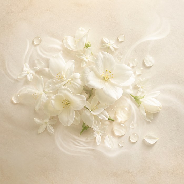 Flores blancas y gotas transparentes que evocan Hediona