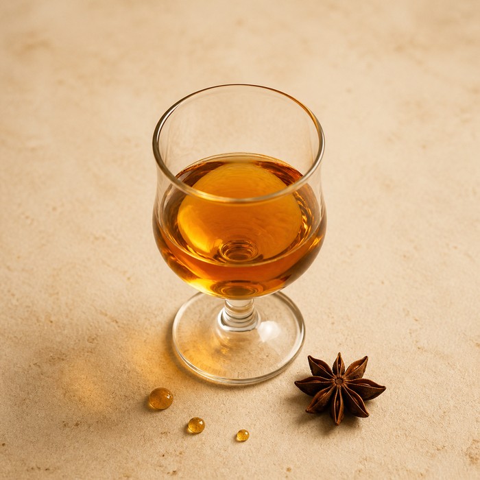 Copa con licor ámbar y una especia cálida